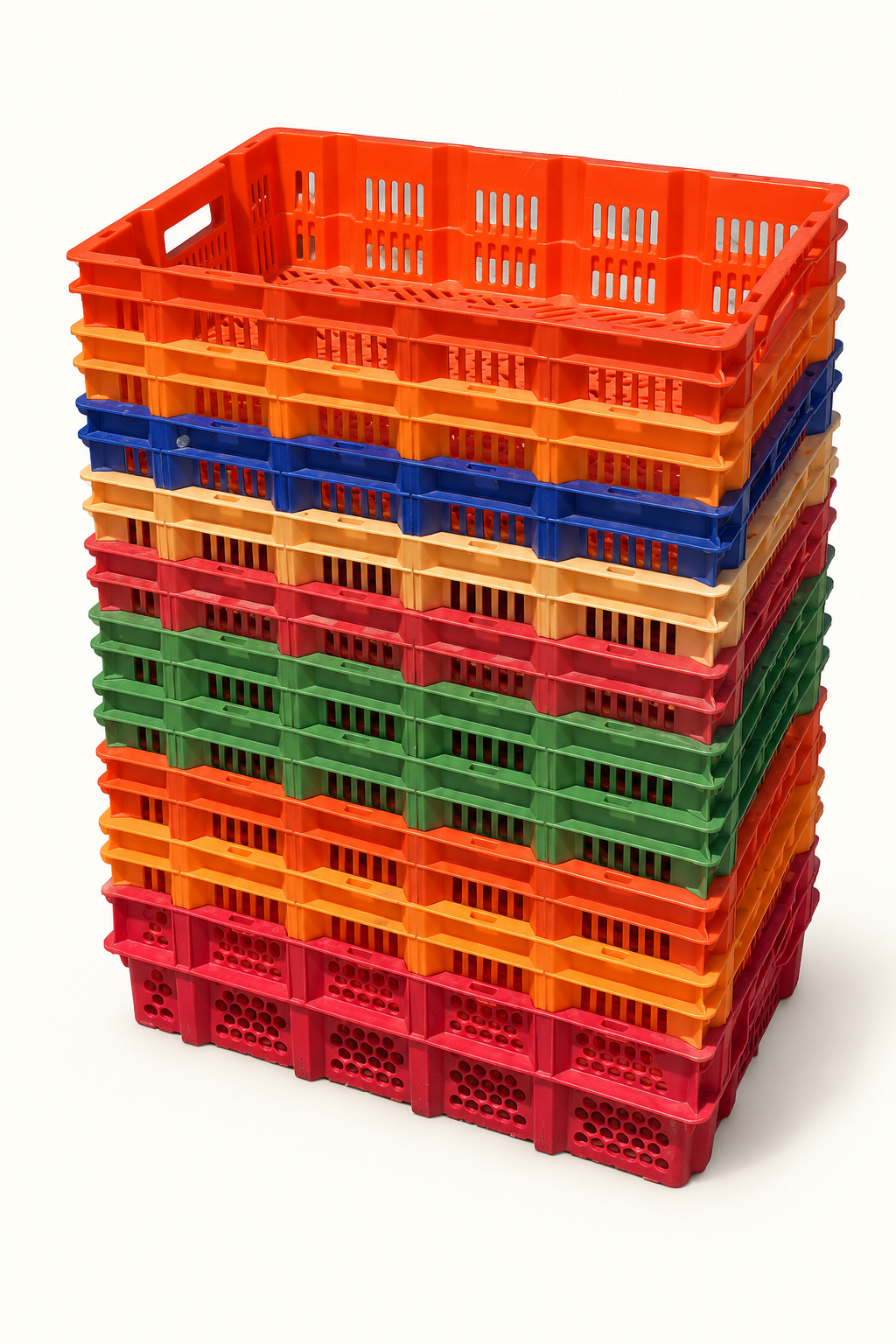 Clean empty multicolored reusable crates available from Lotgering Aruba